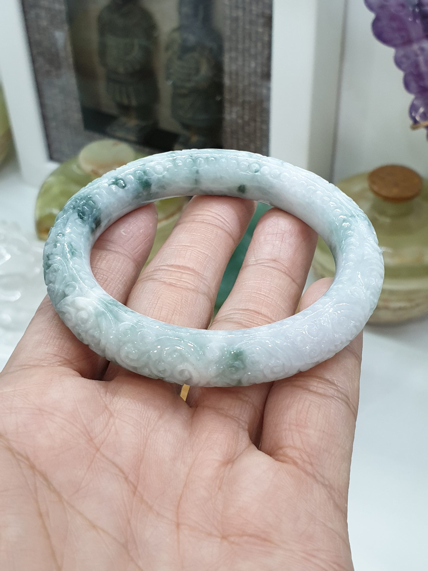 Carved Jade Floral Bangle S56 Cylindrical Type A Moss in Snow Jadeite
