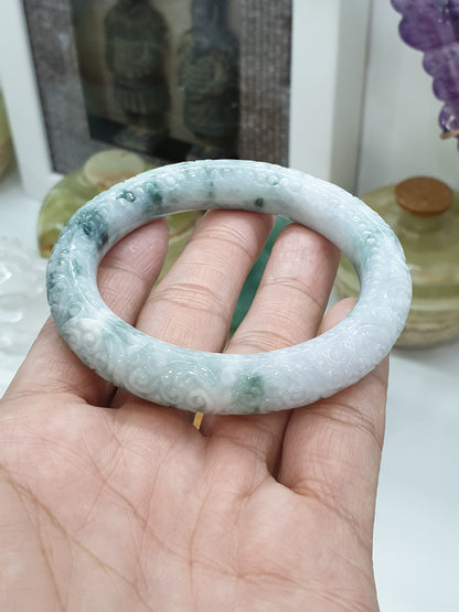 Carved Jade Floral Bangle S56 Cylindrical Type A Moss in Snow Jadeite