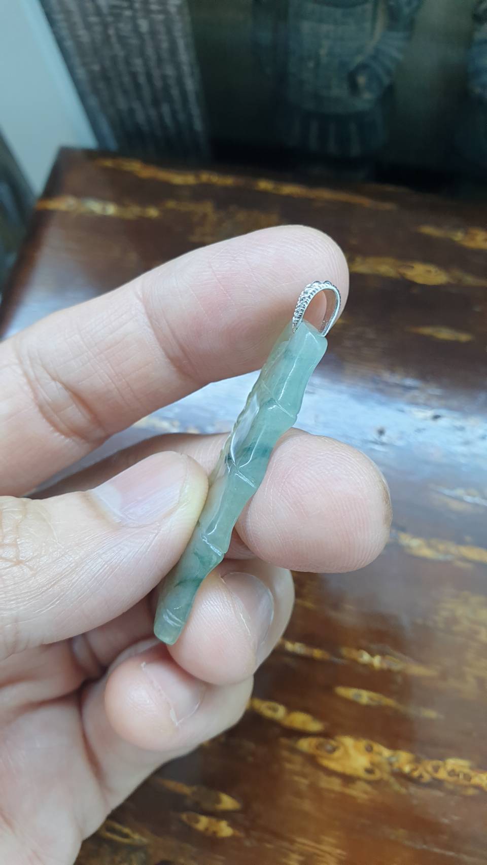 Jade Bamboo Pendant | Fei Cui - Type A Jadeite | Sterling Silver Bail