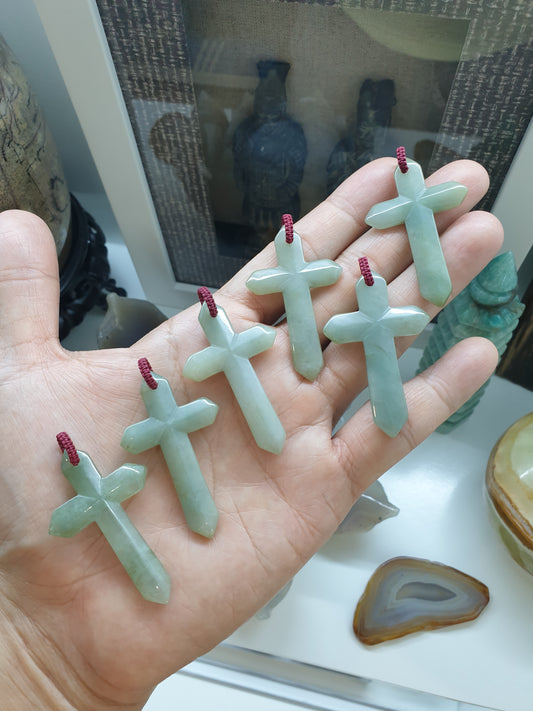 Green Jade Cross Pendant (Random Pick) | Fei Cui - Type A Jadeite | Handwoven Bail