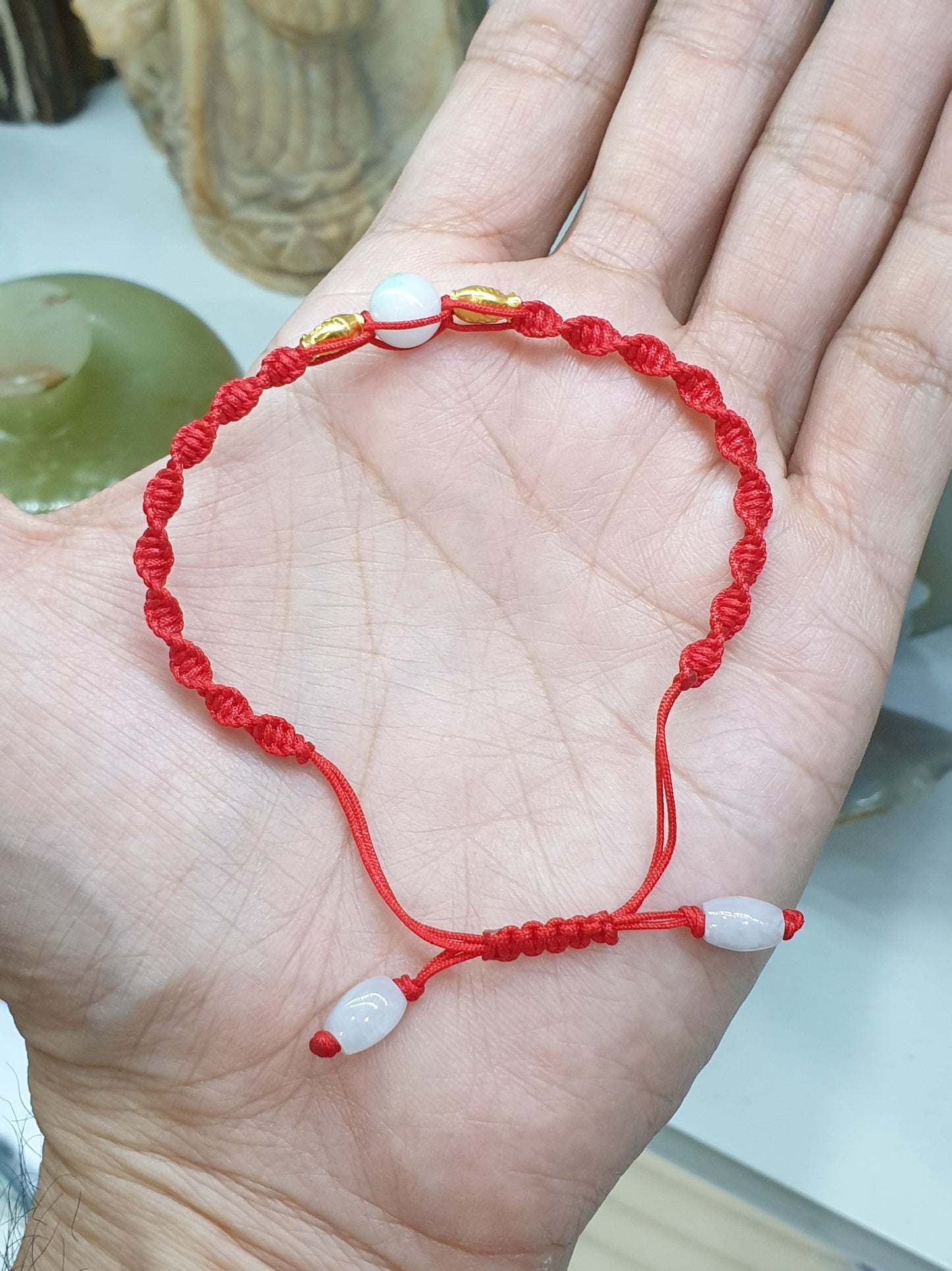 24K Pure Gold Koi Fish and Moss in Snow Jade Braided Bracelet Natural Jadeite