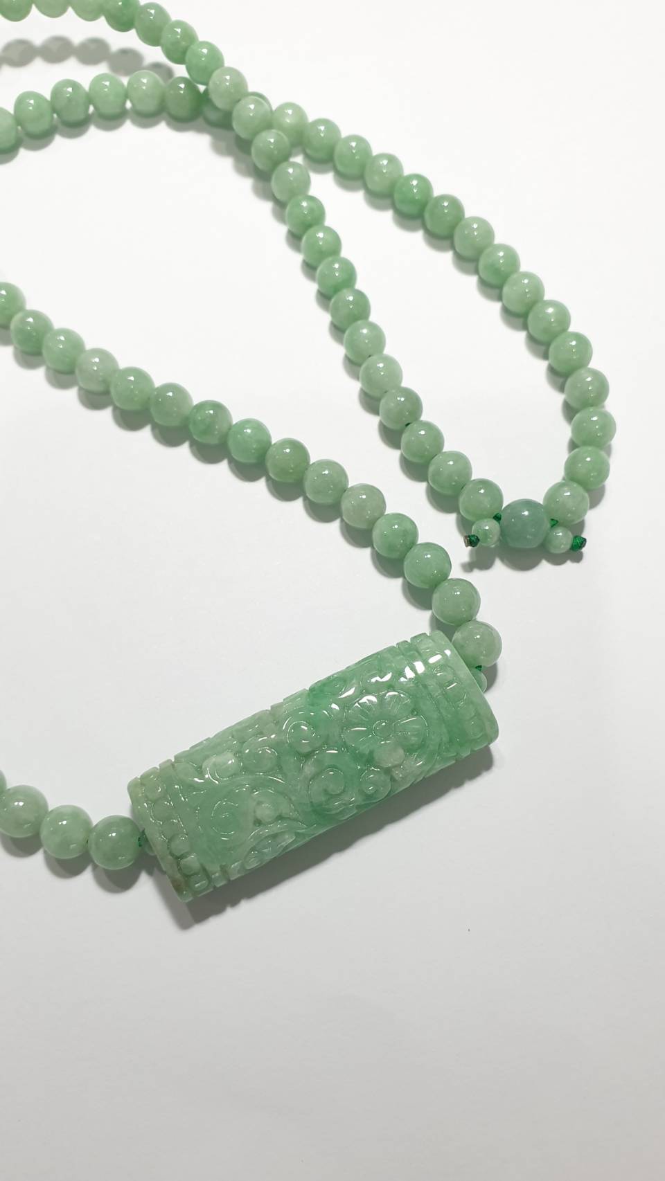 Jade Necklace 24inch with Floral Cylinder Type A Jadeite Natural Pastel Green
