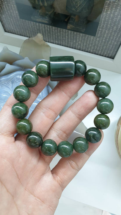 Jade Cylinder Charmbracelet (17 cm) | Type A Natural Deep Green Jadeite | His or Hers Statement Wrist Accessory