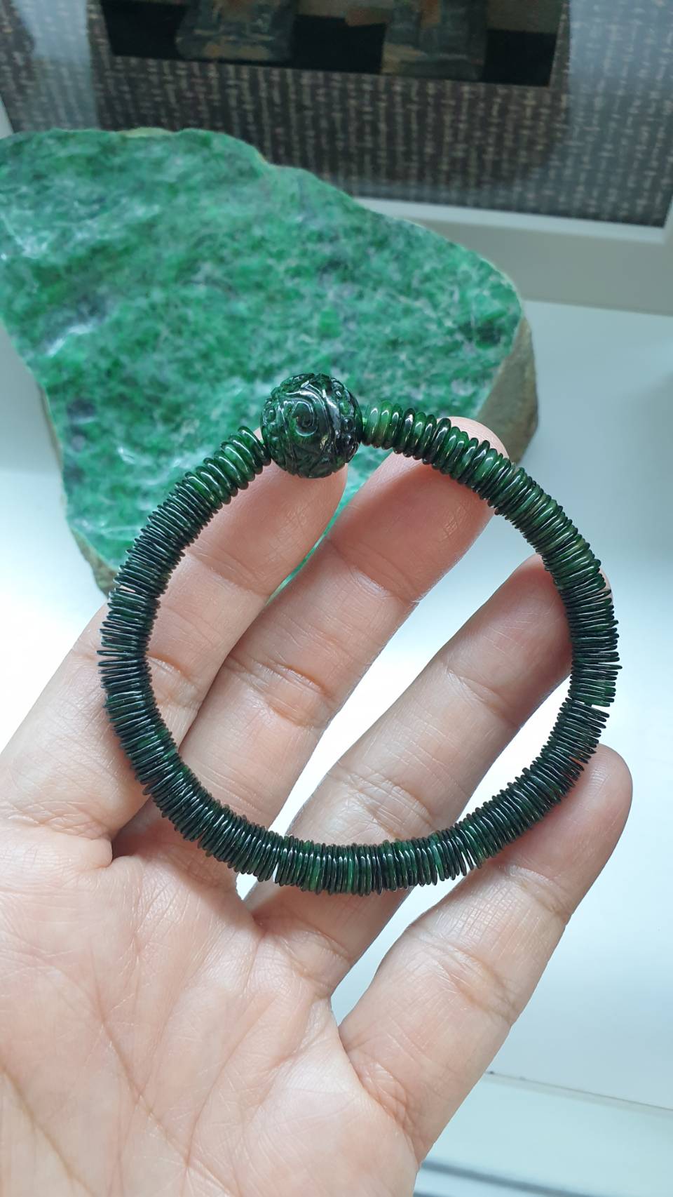 Unique Jade Bracelet 17cm Type A Disc and Ru Yi Beads Natural Green Myanmar Jadeite