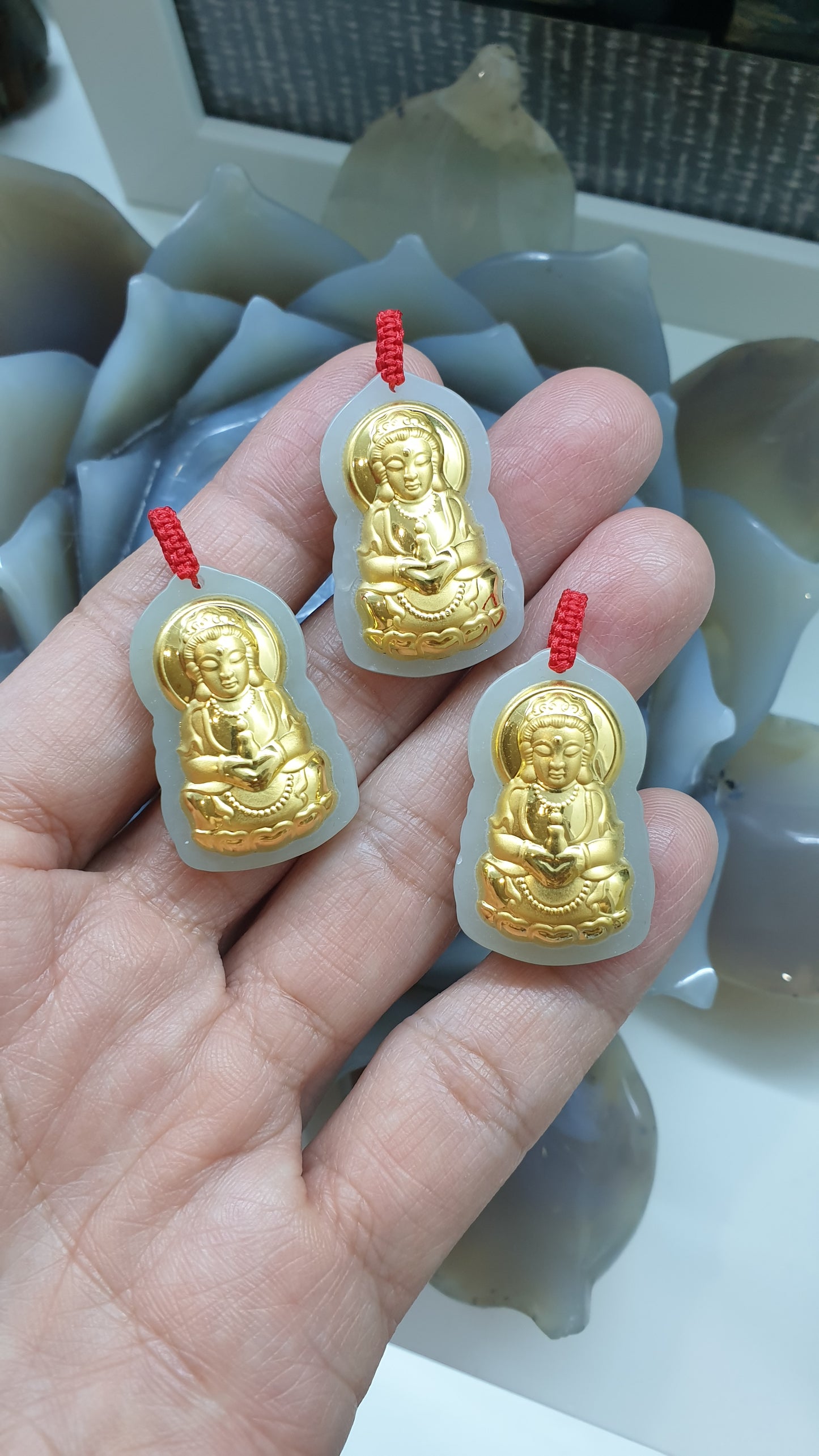 24K Gold Guan Yin Pendant |(4D Printed / Coated) | Natural Hetian Jade | Lucky Red Thread