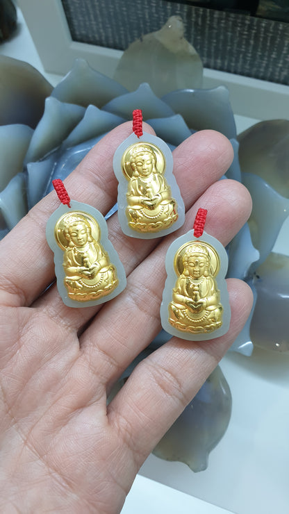 24K Gold Guan Yin Pendant |(4D Printed / Coated) | Natural Hetian Jade | Lucky Red Thread