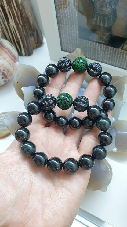 Black Jade Lucky Charm Bracelet | Ru Yi and Bodhi Beads Charm | Authentic Type A Fei Cui Jade