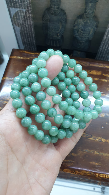 Type A Natural Green Jadeite Beaded Bracelet 17cm with 9mm Beads