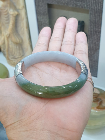 Lavender-Green Jade Split Bangle (S 60) | Sterling Silver | Type A Natural Jadeite | Eye Candy Wrist Accessory for Him or Her