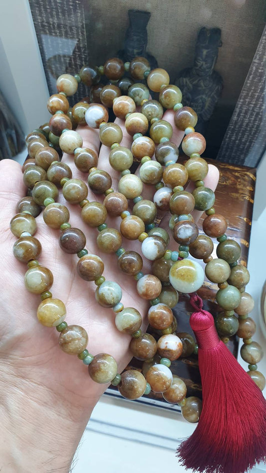 108 Beads Japa Mala Brown Jadeite 13.5mm Type A Natural Meditation Necklace