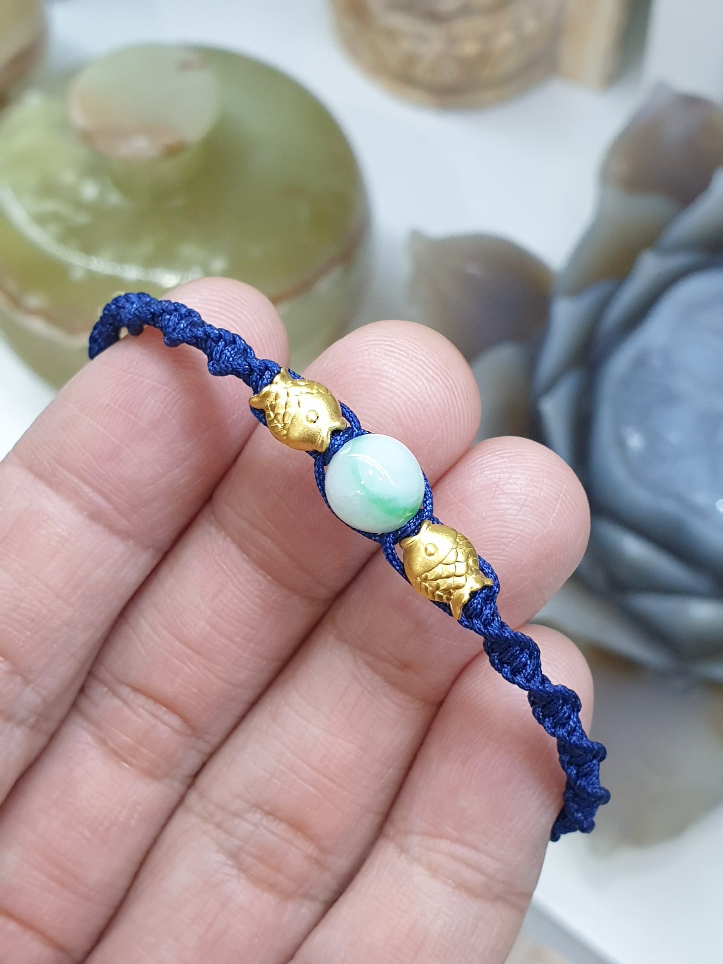 24K Pure Gold Koi Fish and Moss in Snow Jade Braided Bracelet Natural Jadeite