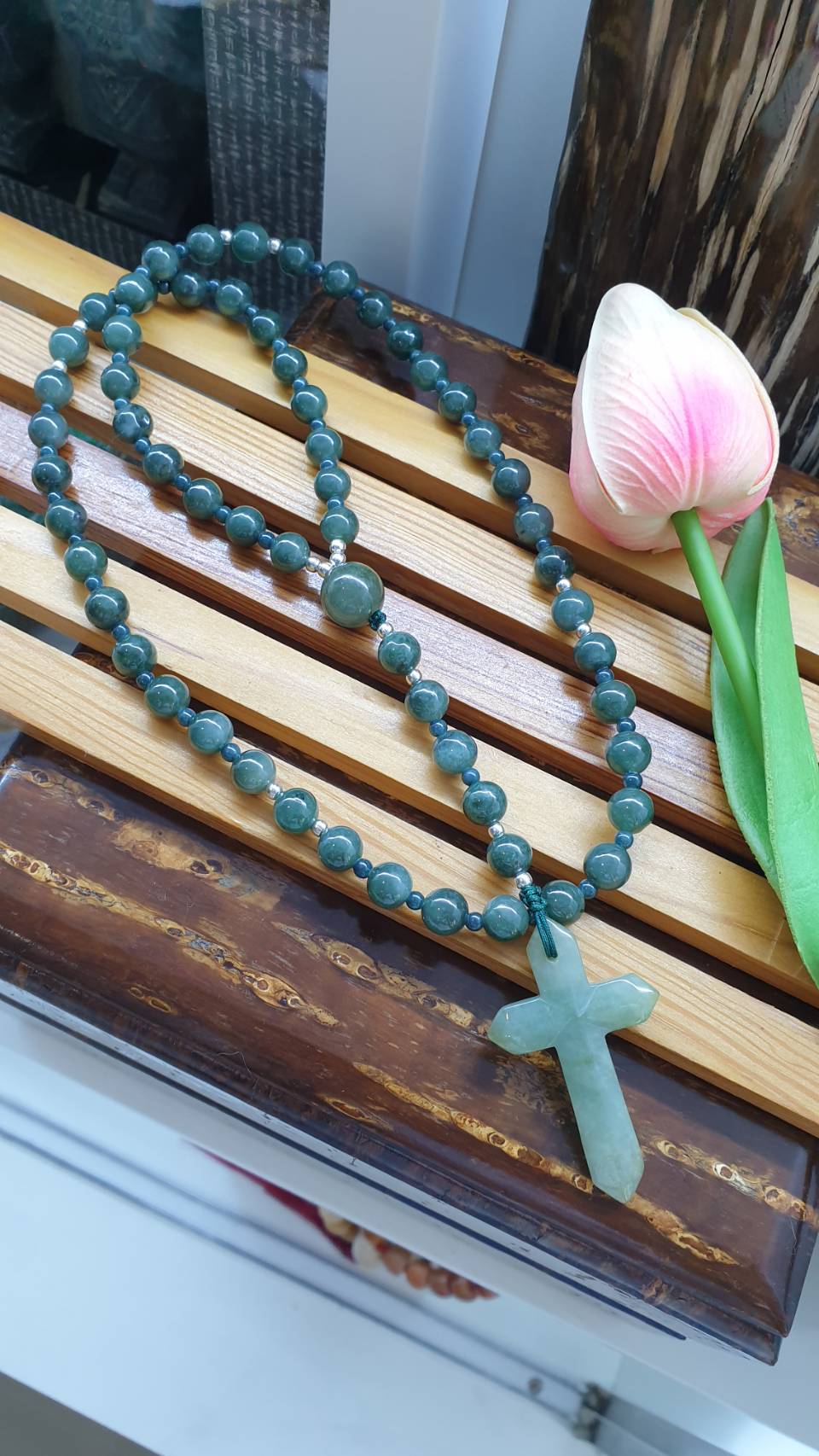 Green Jade Rosary 26inch - Vintage Natural Jadeite 7.5mm Beads - Handcrafted Prayer