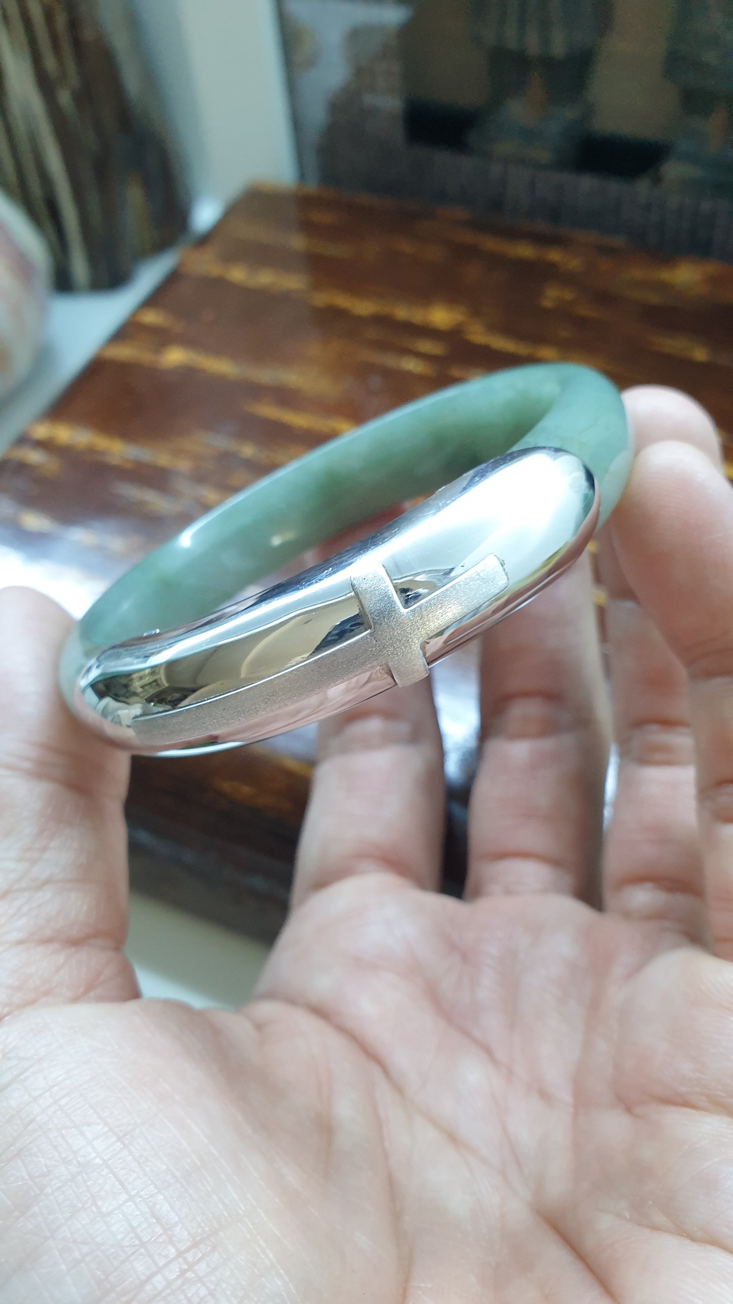 Elegant Cross on Jade Bangle (S 56 - 57) | Fei Cui Type A Jadeite & Sterling Silver | Statement Wrist Accessory