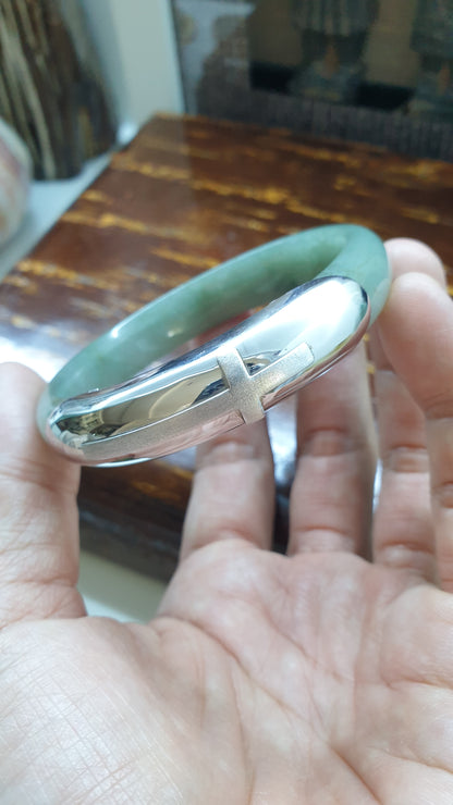 Elegant Cross on Jade Bangle (S 56 - 57) | Fei Cui Type A Jadeite & Sterling Silver | Statement Wrist Accessory