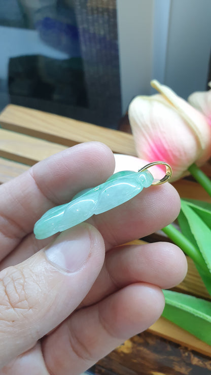 18K Gold Jade Leaf Pendant Misty Green Fei Cui Type A Myanmar Jadeite