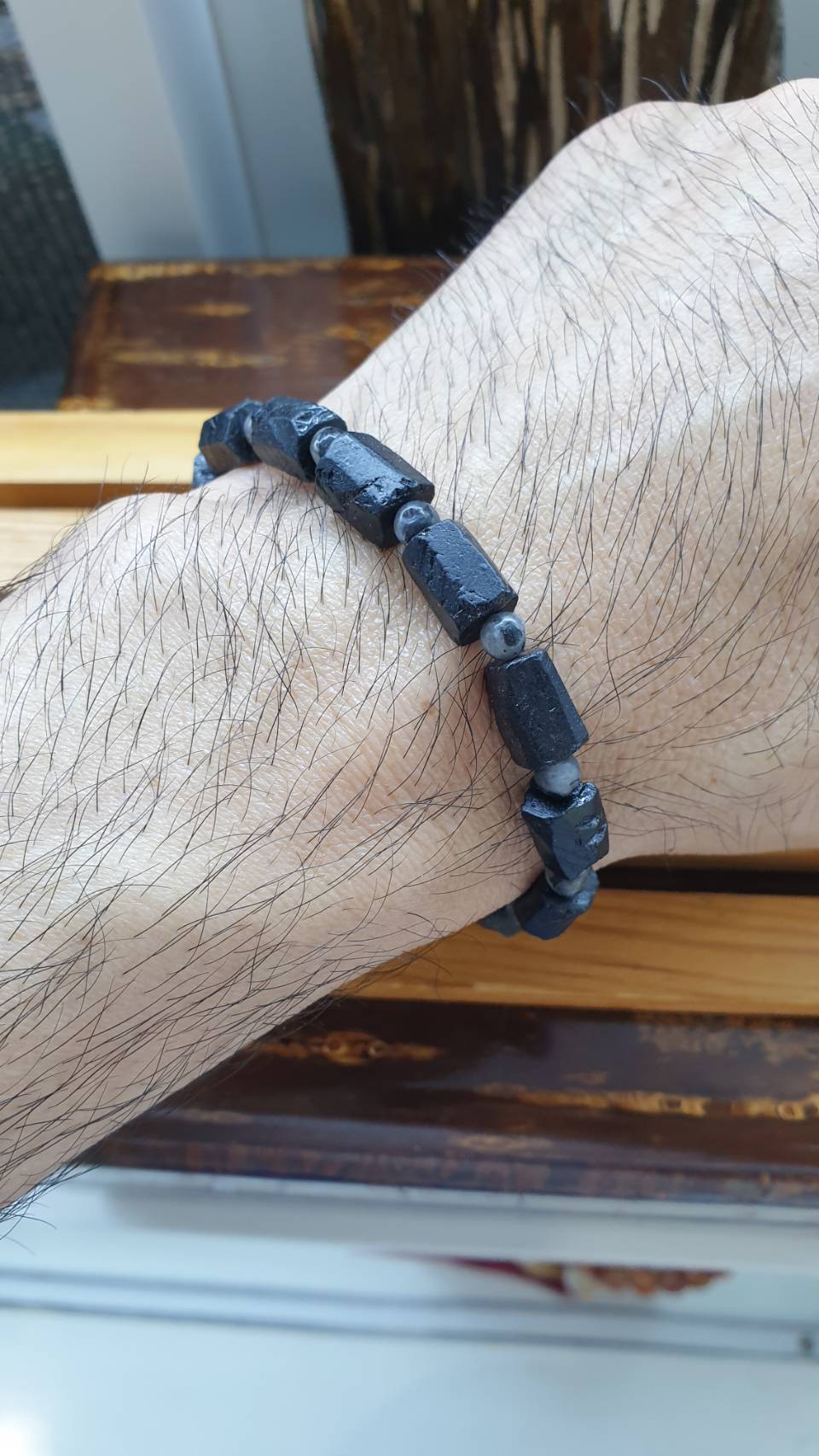 Black Tourmaline Stretch Bracelets 17cm, Natural Gemstone Rugged Cylinder Beads