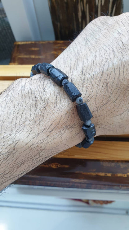 Black Tourmaline Stretch Bracelets 17cm, Natural Gemstone Rugged Cylinder Beads
