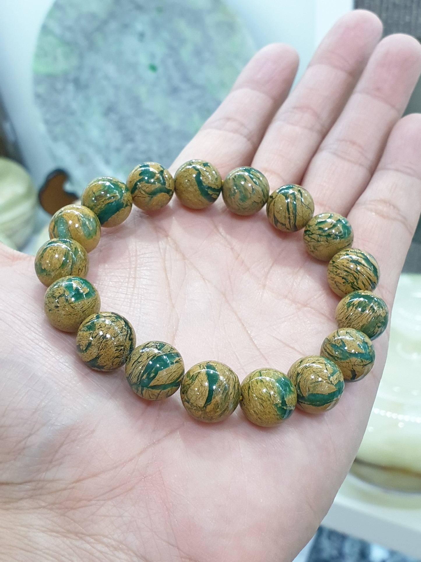 Chrysoprase in Golden Jasper Bracelets 17cm, Rare Natural Gemstone Beads