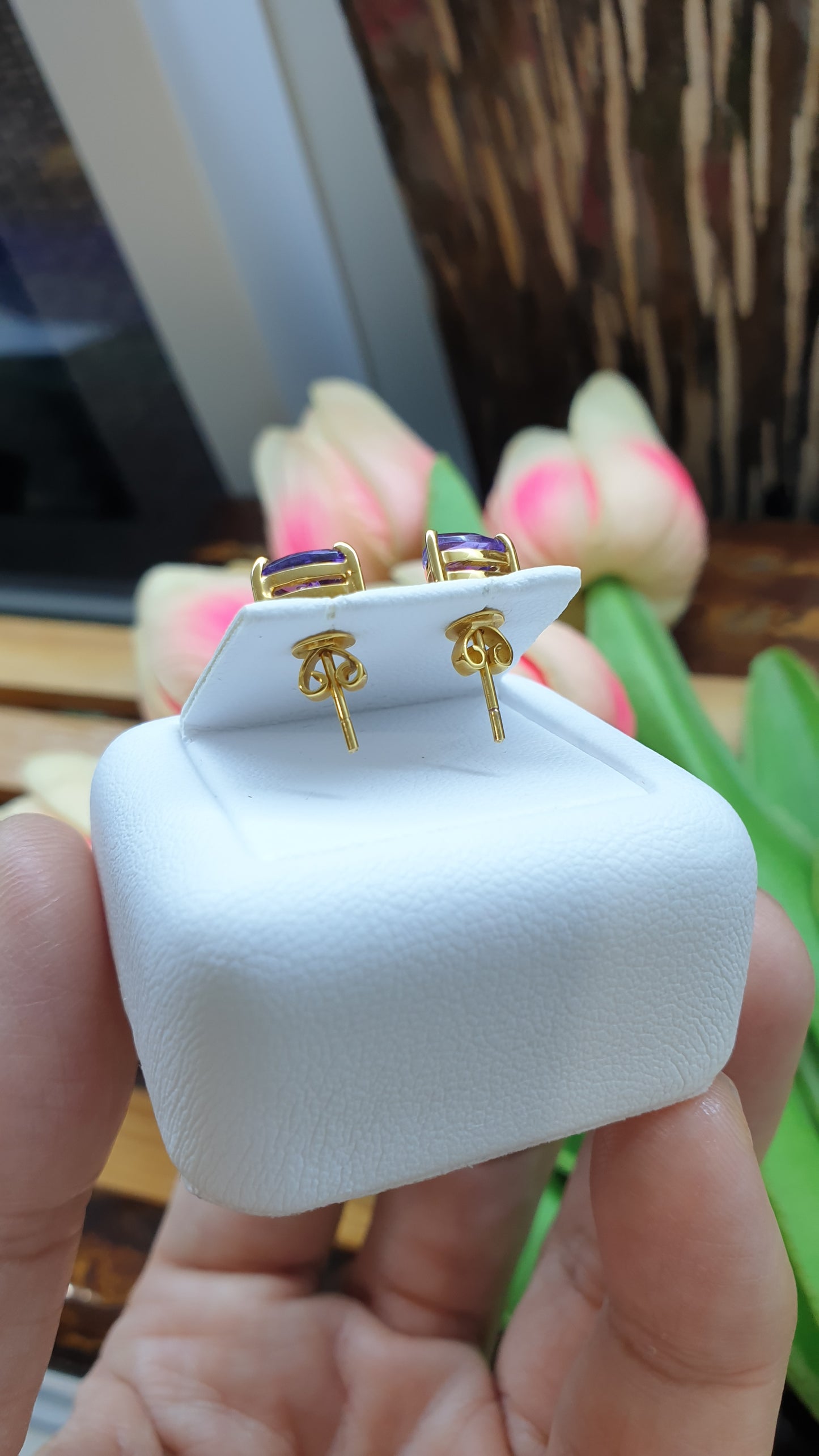 14K Gold Amethyst Stud Earrings Natural Gemstones and Solid Gold