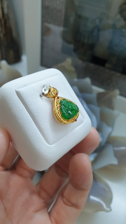 Imperial Jade Happy Buddha Bo Leaf Pendant | 18K Solid Gold | Fei Cui Natural Jadeite