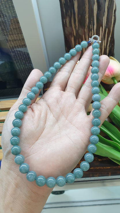Blue Jade Beaded Choker 16inch 9K White Gold Type A Natural Jadeite