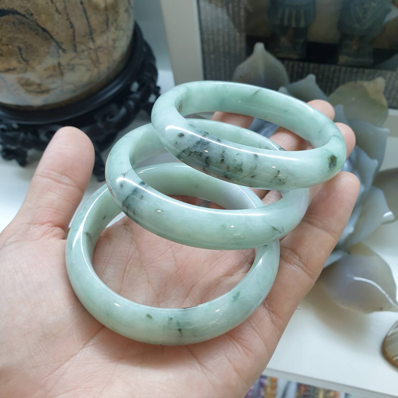 Marbled Blue Jade Bangle (S 60 or 61) | Type A Natural Jadeite | Lucky Charm Wrist Candy for Her