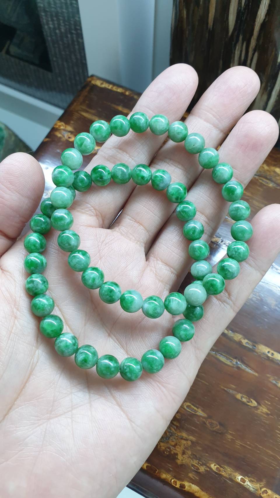 Type A Myanmar Two Tone Green Jadeite 17cm Bracelet with 7.5mm Beads
