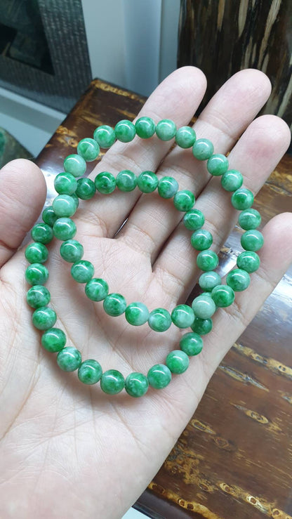 Type A Myanmar Two Tone Green Jadeite 17cm Bracelet with 7.5mm Beads