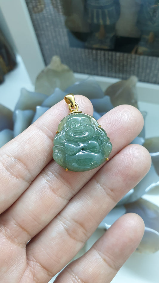 Jade Happy Buddha Pendant | Solid 9K Gold | Wealth & Fortune Jewelry