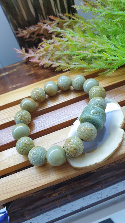 Golden Green Jade Ru Yi Bracelet 17cm Type A Natural Two Tone Jadeite Alternate Beads
