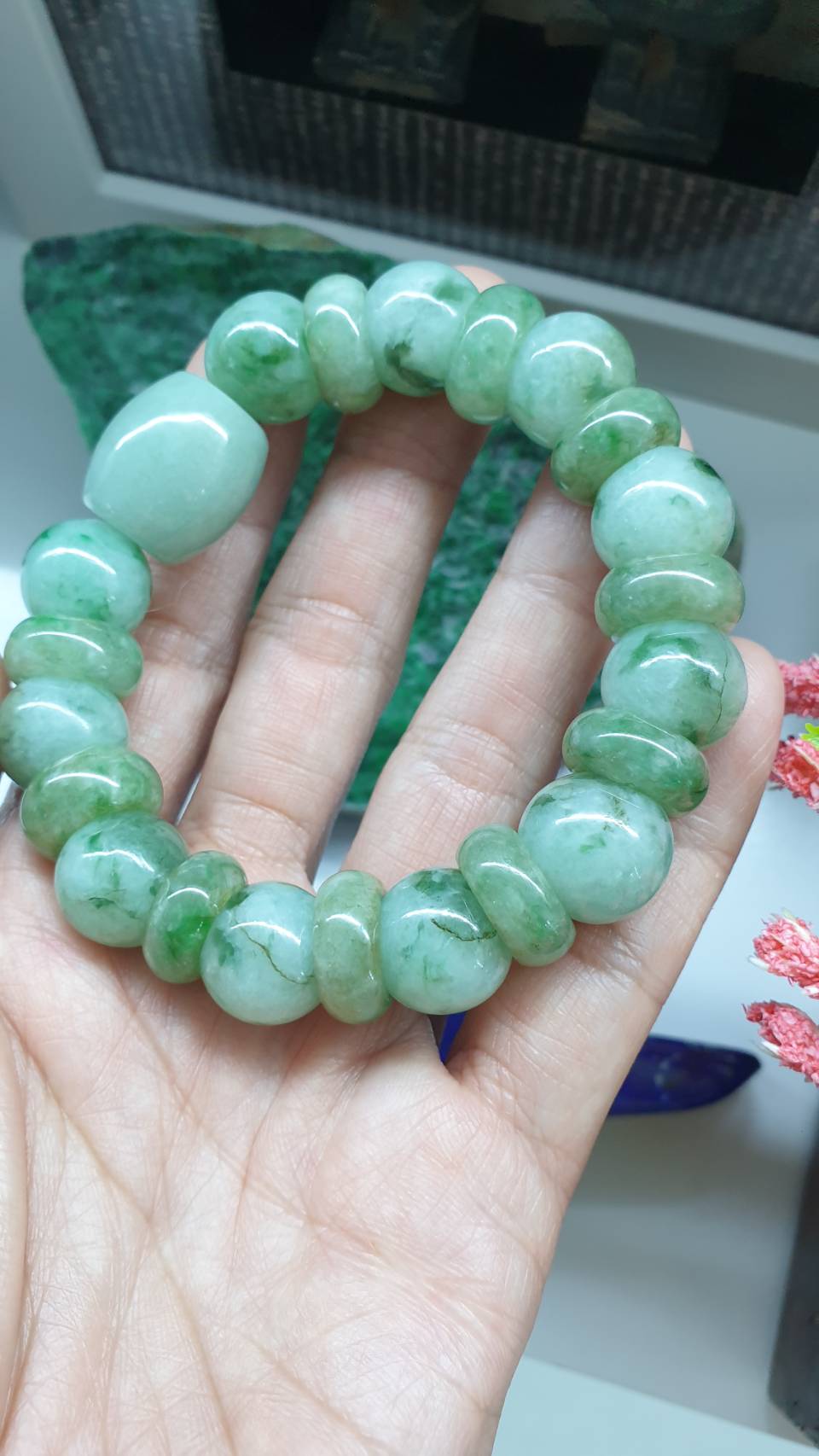 Fei Cui Green Jade Bracelet 17cm Type A Natural Myanmar Jadeite 3 Beads Blend