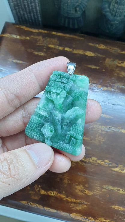 Village Scene Jade Pendant | Fei Cui - Type A Jadeite | Sterling Silver Bail