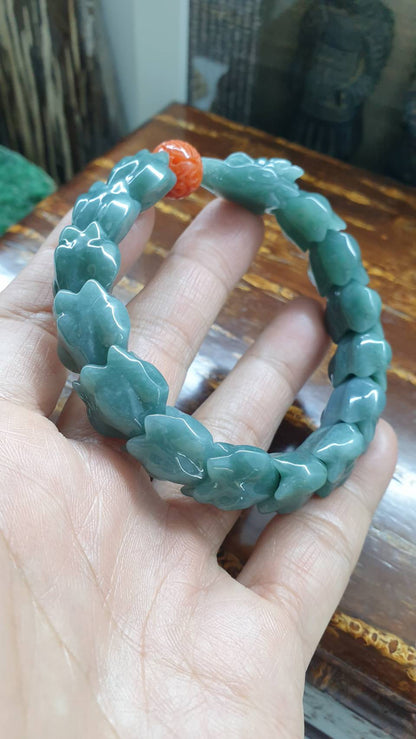 Blue Jade Dragon Power Bracelet (18.5 cm) | Type A Natural Jadeite | Statement Piece Wrist Accessory