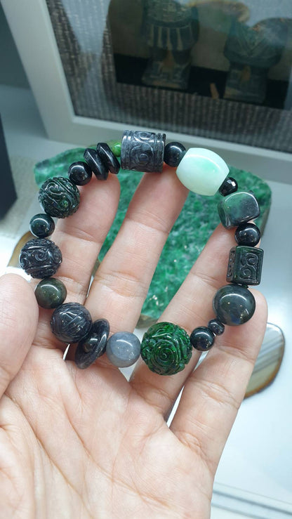 Natural Black Jade 17cm Bracelet - Type A Myanmar Jadeite Mixed Beads