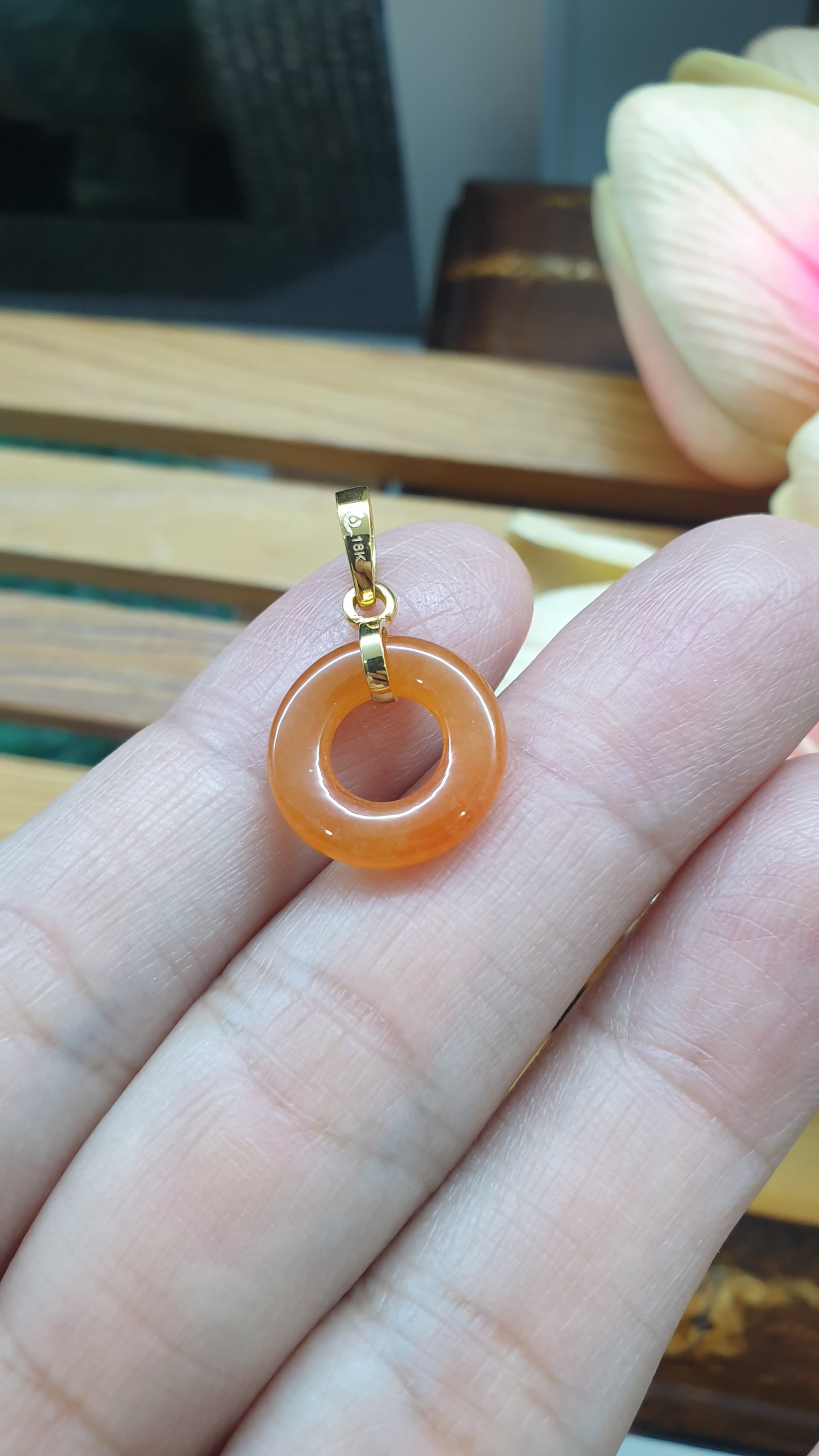 18K Gold Orange Jade Ping An Kou Pendant Natural Myanmar Jadeite