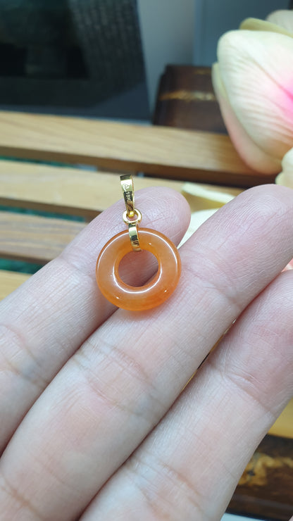 18K Gold Orange Jade Ping An Kou Pendant Natural Myanmar Jadeite