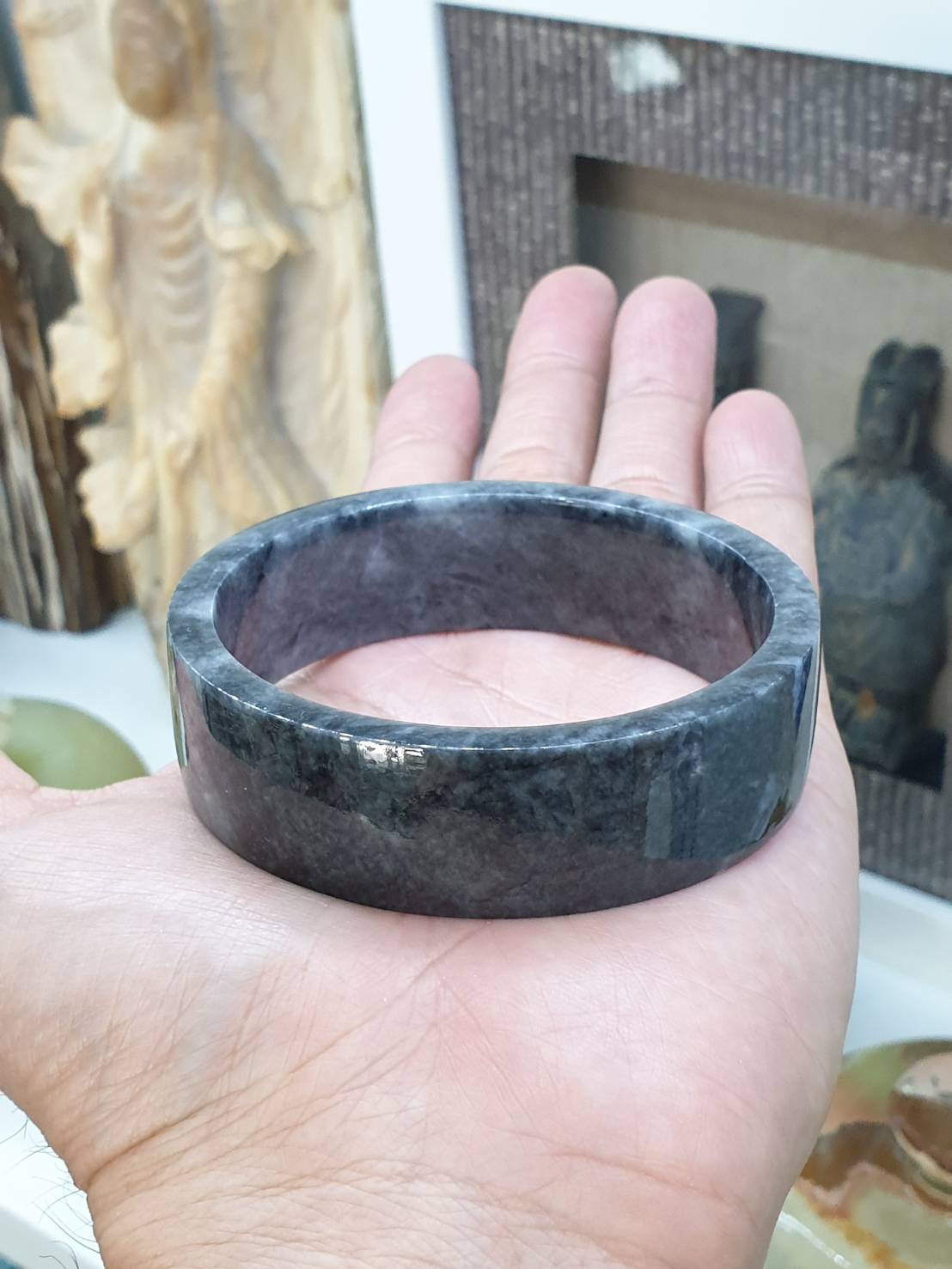 Jade Square Bangle S63 Marbled Black Gray Type A Natural Myanmar Jadeite