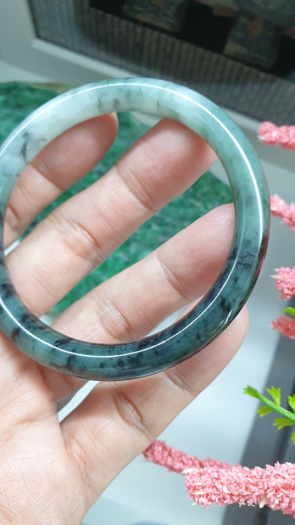 Cylindrical Jade Bangle S56 Slim Type A Natural Blue Jadeite Black Banded