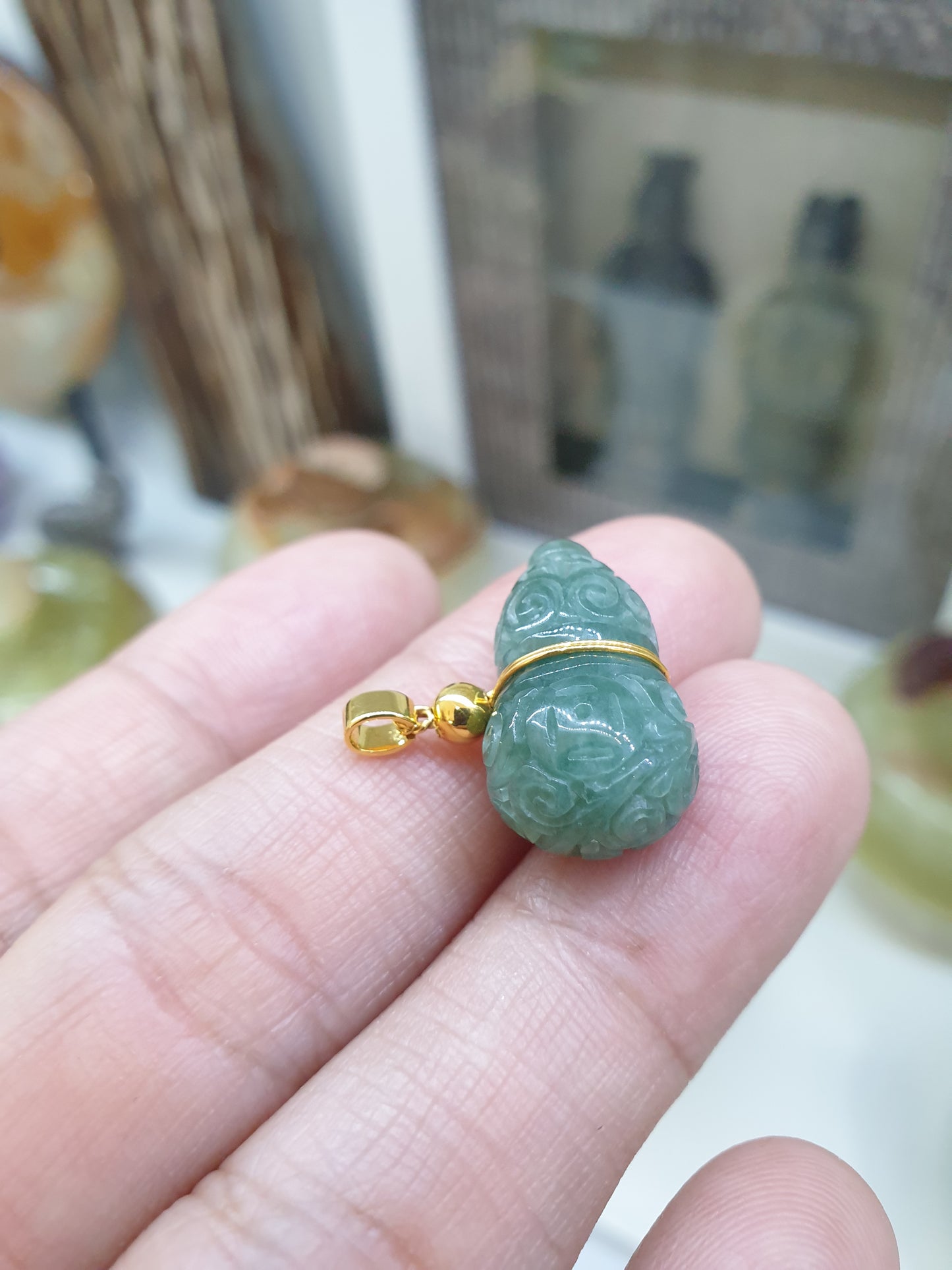 Jade Wu Lou Pendant | 9K Gold & Fei Cui - Type A Jadeite | Lucky Charm Jewelry