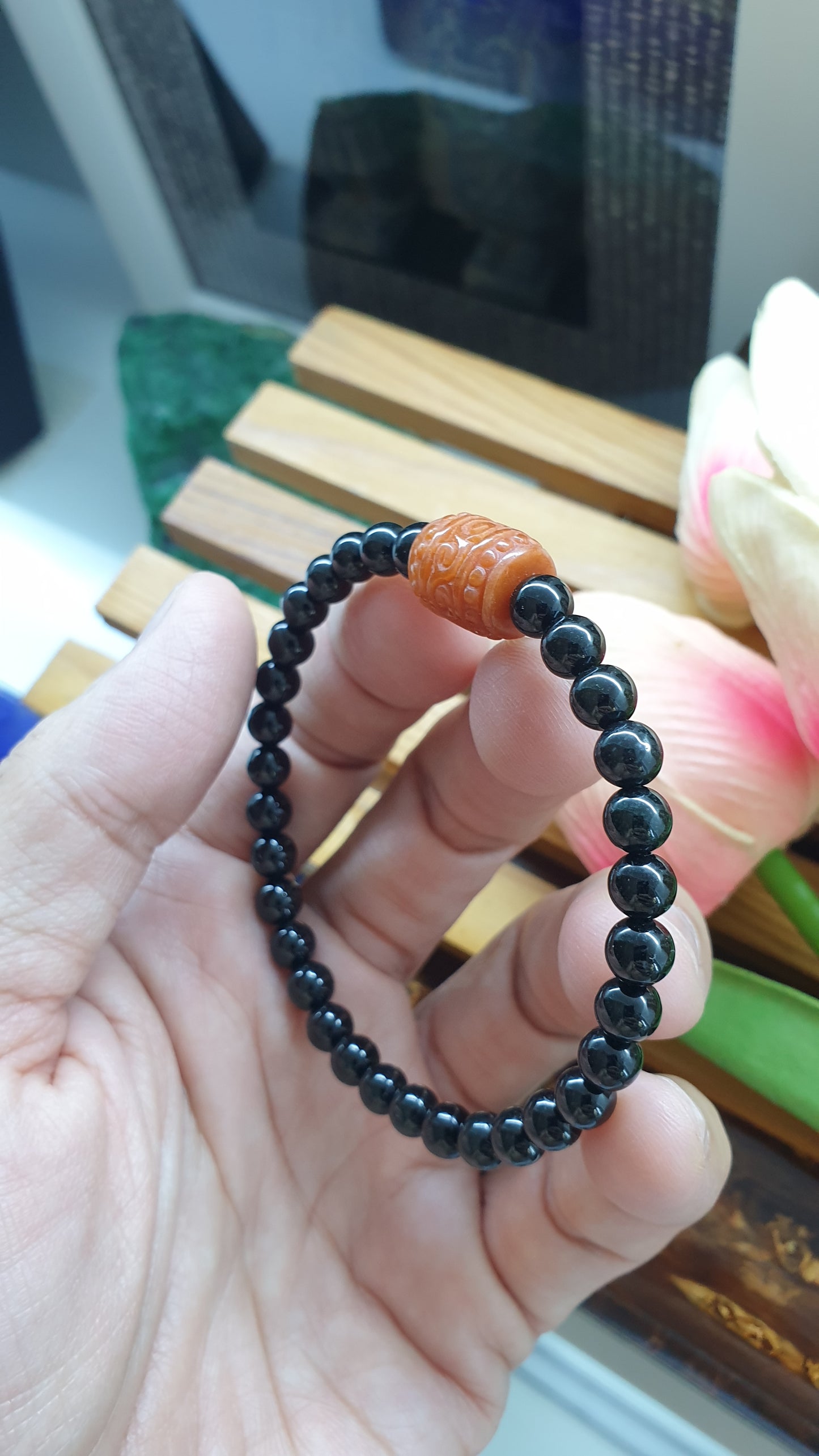 Black Jade Wish Fulfilling Bracelet 17cm Orange Jade Ru Yi Charm Natural Jadeite
