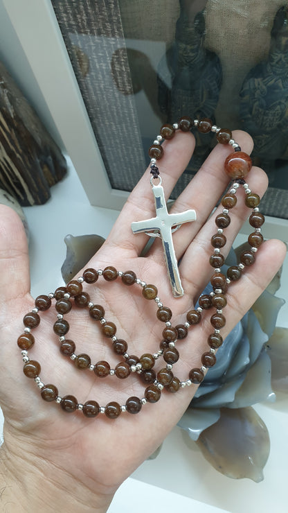 Brown Jade Rosary - 29 inch - Natural Jadeite Vintage Beads - Sterling Silver Crucifix