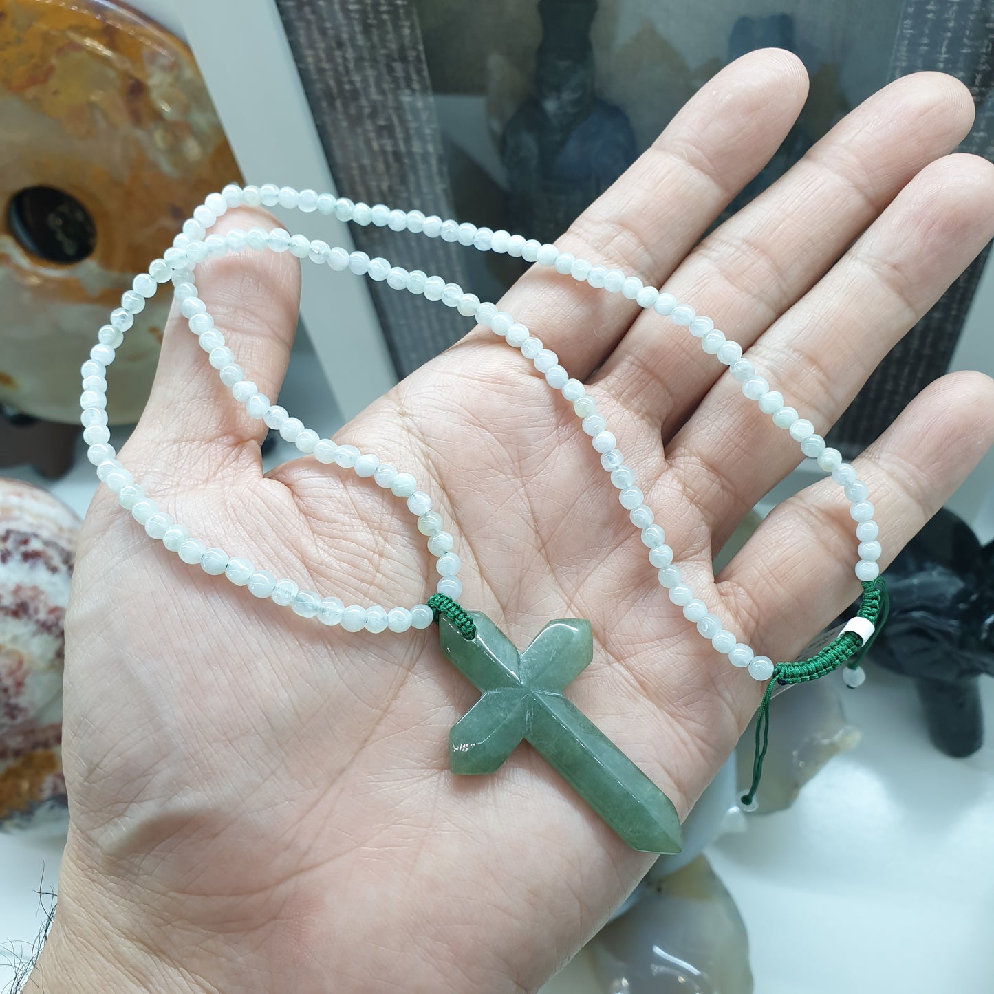 Jade Cross on White Jade beaded Necklace (18") | Fei Cui Type A Jadeite