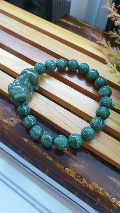 Jade Pixiu on Ru Yi Beads Bracelet 18cm Fei Cui Type A Natural Jadeite