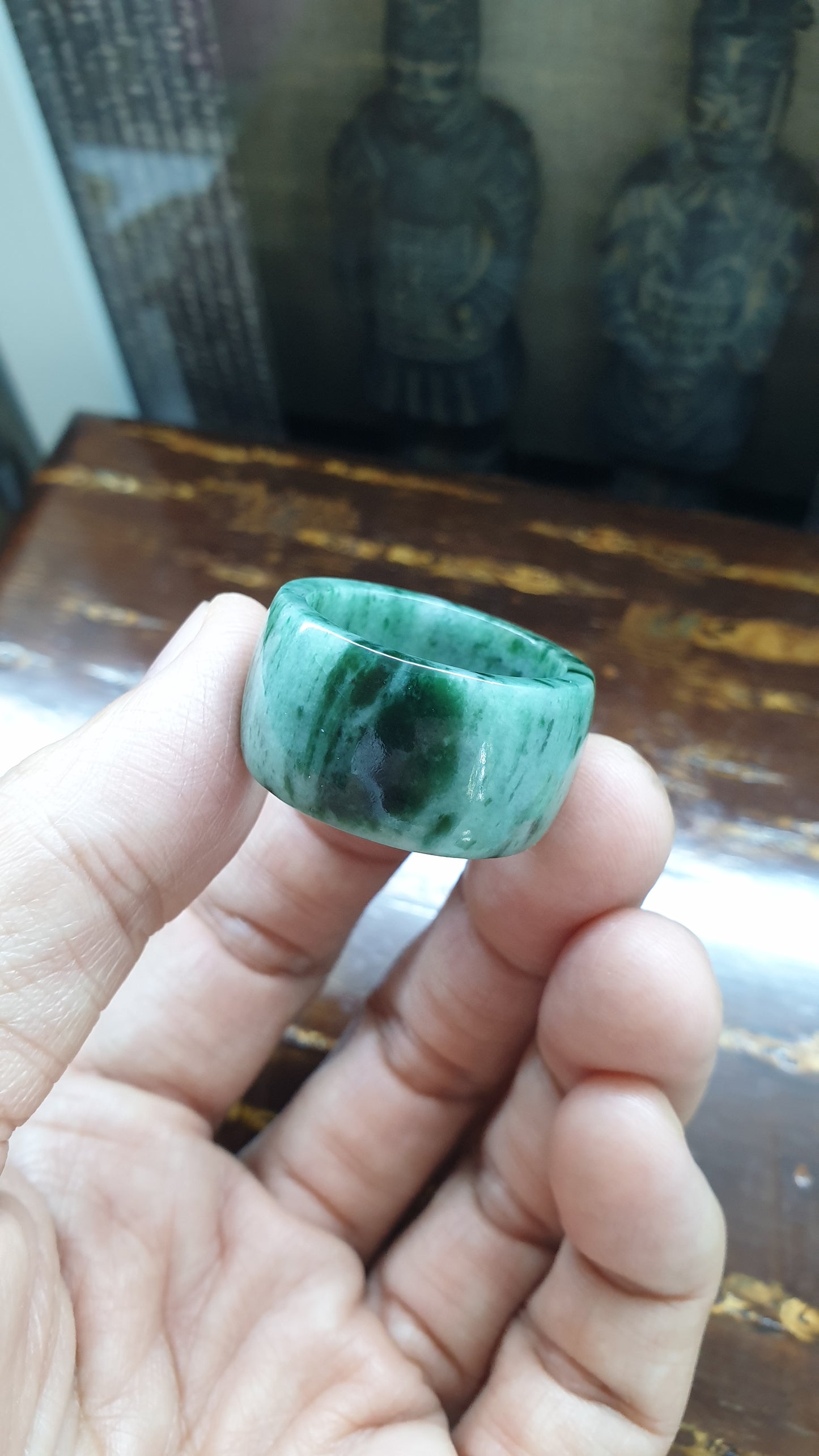 Type A Natural Jadeite Domed Ring Grayish Green Striated - US Size 13