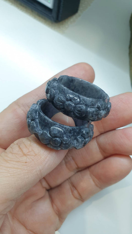 Floral Jade Ring 12.75US Vintage Type A Myanmar Jadeite Natural Marbled Gray