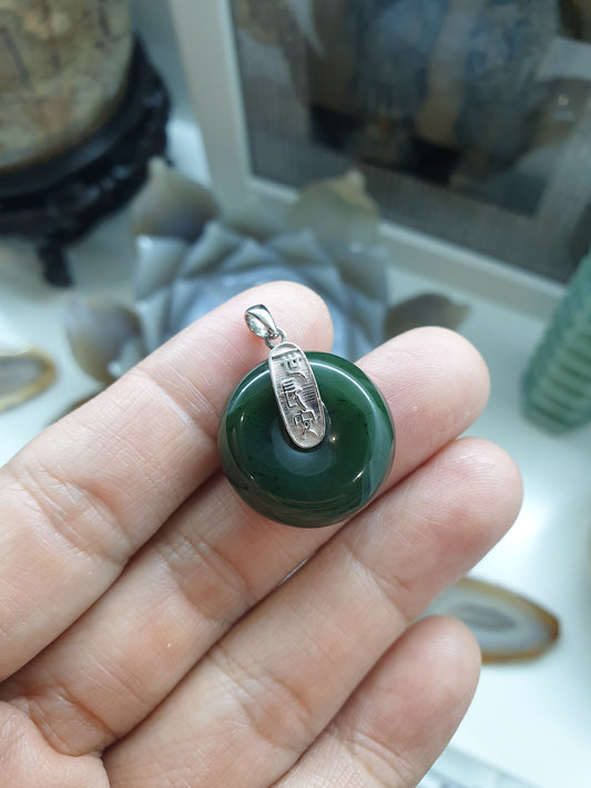 Jade Ping An Kou Lucky Charm Pendant | Sterling Silver & Authentic Jade | Wealth & Fortune Jewelry