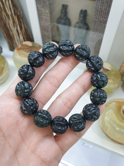 Type A Natural Black Jadeite Bodhi Bead Bracelet 17cm - Hand-Carved