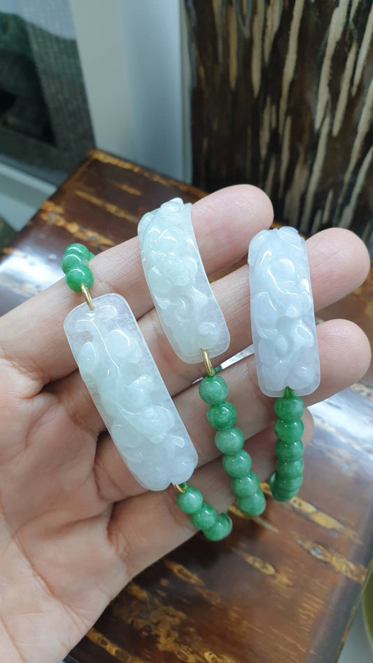 Natural Type A Apple Green Jadeite Beads 16cm  with White Pixiu Jade