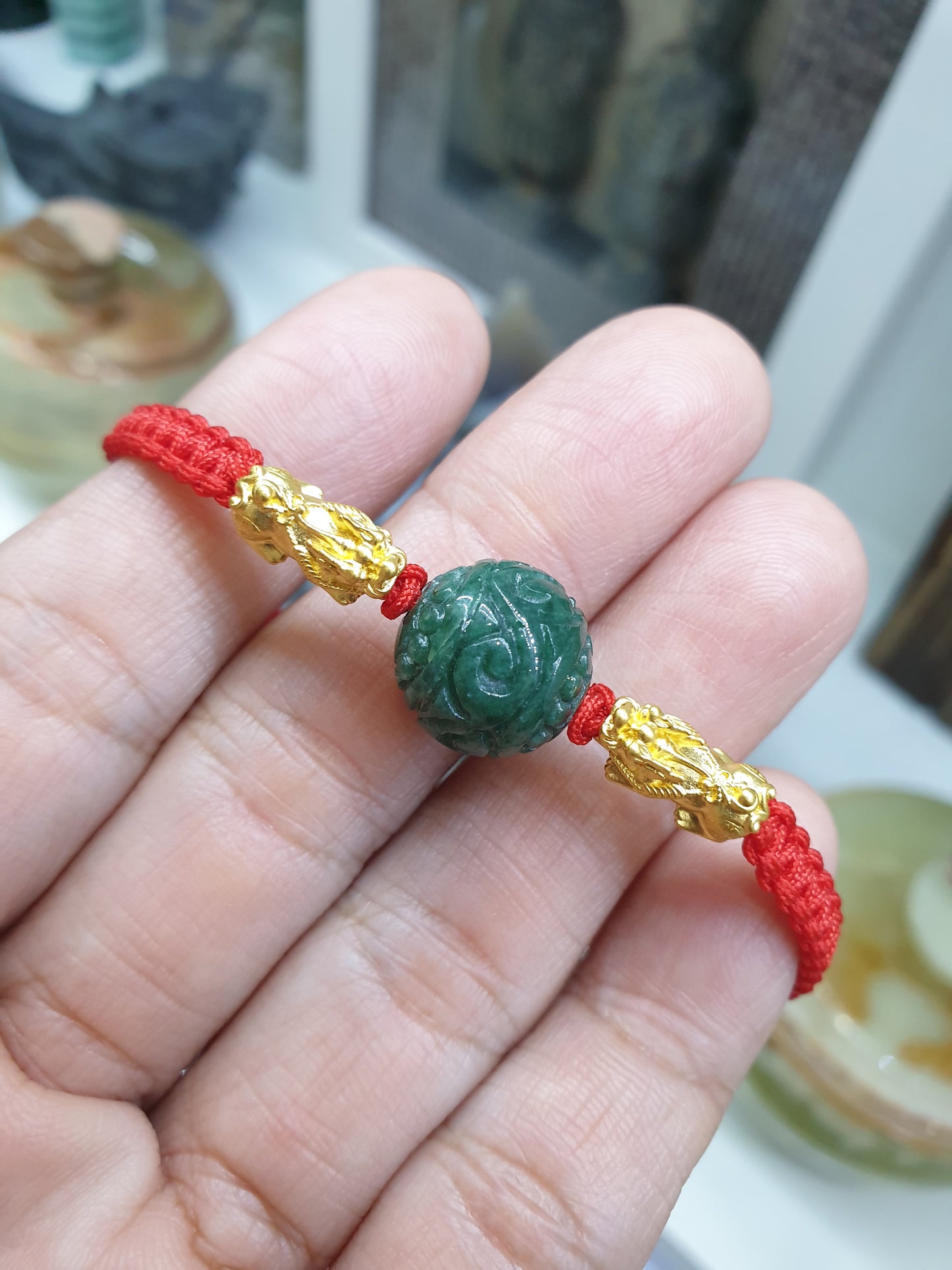 Jade Ru Yi & Gold Pixiu on Red Thread Bracelet (Adjustable) | Pure 24K Gold | Fei Cui - Type A Jadeite
