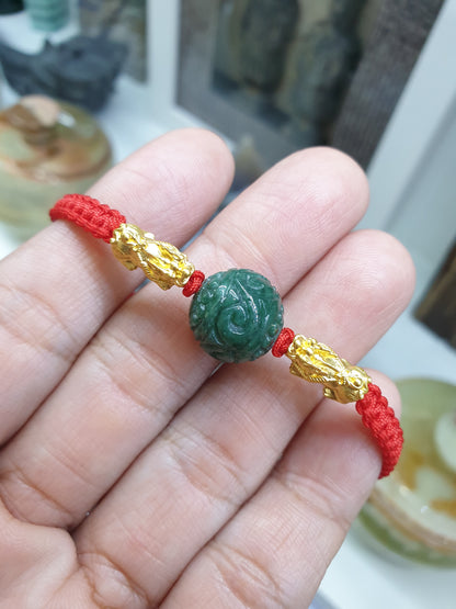 Jade Ru Yi & Gold Pixiu on Red Thread Bracelet (Adjustable) | Pure 24K Gold | Fei Cui - Type A Jadeite